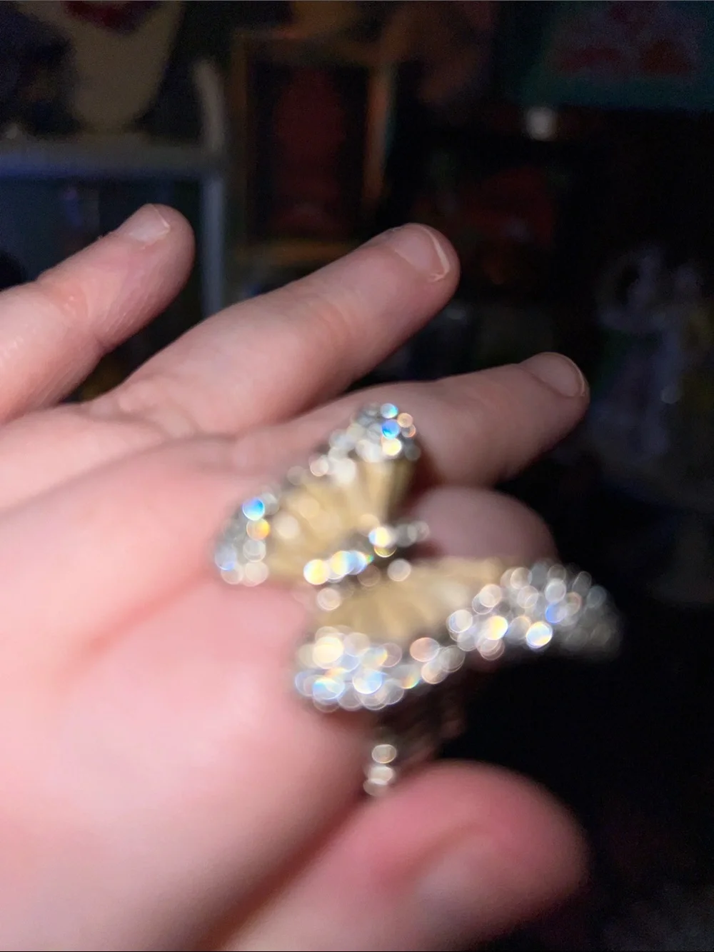 Rhinestone Butterfly Stretch Ring - Cream and Silver